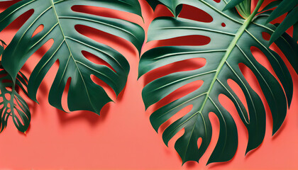Philodendron summer tropical leaves on coral colour background. Generative ai.