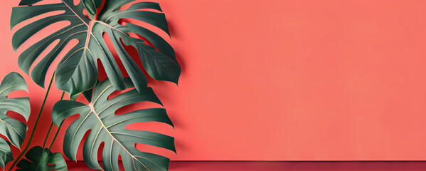 Philodendron summer tropical leaves on coral colour background. Generative ai.
