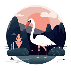 Wall Mural - Cute swan walking on landscape backdrop