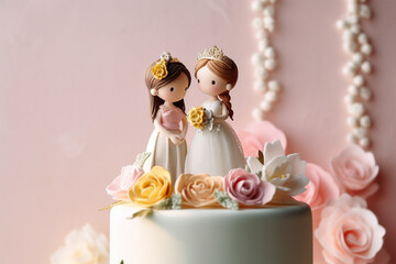 Wall Mural - Cute Wedding cake topper with two brides. Gay marriage concept. Generative AI illustration