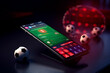 Virtual sports betting on soccer using smartphone, currency and ball. Generative AI