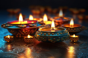 Poster - A Diya oil lamp, Diwali concept, blurred Hindu festival of lights celebration background. AI generative