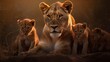A courageous lioness protecting her cubs. AI generated