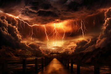 Wall Mural - bright lightnings in apocalyptic sky. AI generative