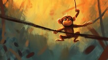 A Curious Monkey Swinging From Branch To Branch. AI Generated
