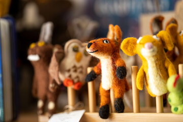 Felt animal toys, and finger puppet in a shop in Australia 