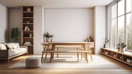 Dining room and kitchen in a new open plan home. Features White walls and ceiling and parquet floors. Beautiful furniture made of wood and marble light-colored furniture fronts Generative AI