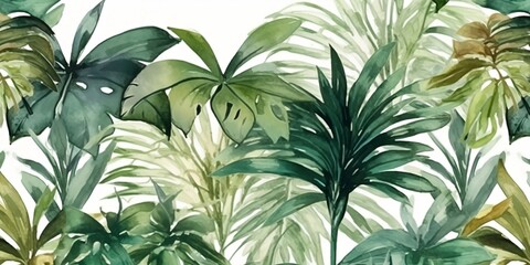 A continuous belt of tropical vegetation. Wallpaper pattern painted in watercolor. Picturesque tropical setting with palm palms. Framed with a hand-painted canvas Generative AI