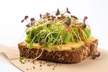 Wall Mural - Whole grain toast with avocado, hummus, seeds and microgreen pea sprouts. AI Generative Illustrations