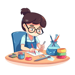 Wall Mural - Cute girl sitting at desk, learning creativity