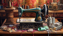 Watercolour Artistic Illustration Of An Old Vintage Sewing Machine. Greeting Card Project Artwork.