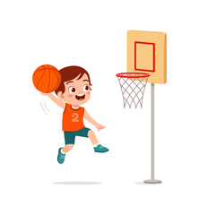 Poster - little kid play basketball and feel happy