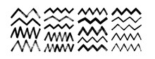 Set Of Different Zigzag Bold Brush Strokes. Black Thick And Thin Zig Zag Lines On White Background. Horizontal Vector Geometric Brush Strokes. Geometric Decoration Elements. Wavy Grunge Lines.