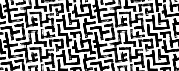Poster - Geometric maze seamless pattern. Brush drawn black scribbles. Abstract maze geometric vector background. Irregular labyrinth pattern. Aztec or African textile print design. 