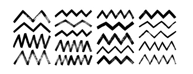 Set of different zigzag bold brush strokes. Black thick and thin zig zag lines on white background. Horizontal vector geometric brush strokes. Geometric decoration elements. Wavy grunge lines.