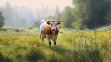 A Gentle Cow Mooing In A Pasture. AI Generated