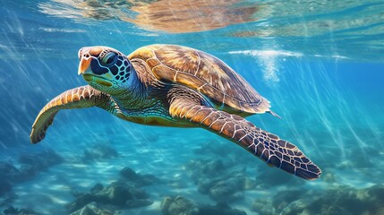 Wall Mural - a gentle sea turtle swimming in the ocean. ai generated