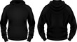 Template of blank black hoodie with pocket. Front and back views. Photo-realistic vector illustration.
