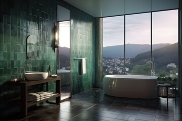 Modern and contemporary luxuruous bathroom interior design concept. With emerald green marbre, glass and concrete, bright and spacious. Generative AI illustration.