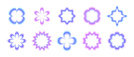 Poster - Y2k smooth gradient flowers set. Pastel blurry flower aura collection. Abstract blurred trendy elements for logo, templates, badges, stickers, collages. Vector illustration pack 