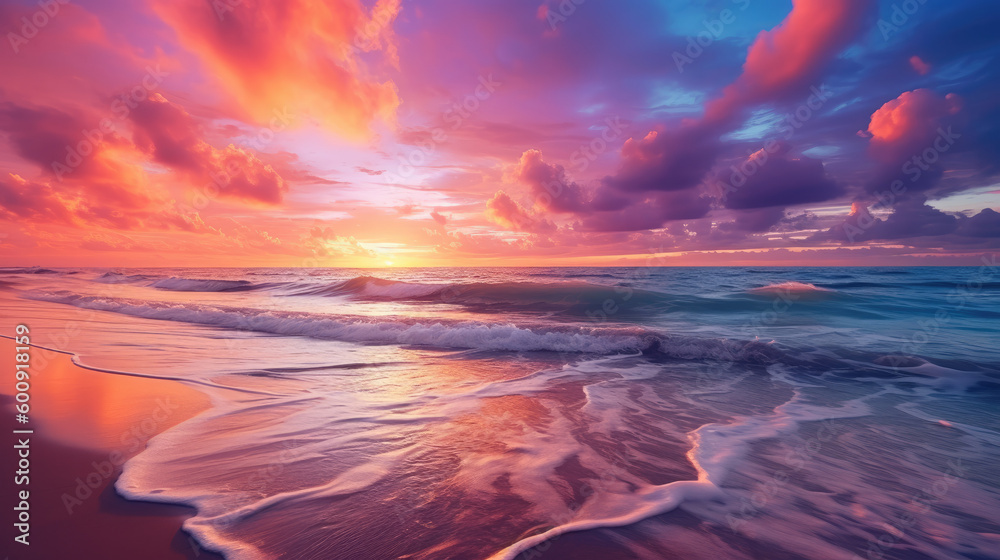 Photo of sunset over a calm ocean, with hues of orange, pink, and ...