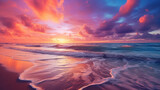 Fototapeta Zachód słońca - Photo of sunset over a calm ocean, with hues of orange, pink, and purple painting the sky generative ai