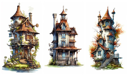 Wall Mural - Watercolour fantasy tiny rustic house. Fantasy set of illustrations on a white background. Fussy cuts, greeting cards and envelopes artwork project set 23.