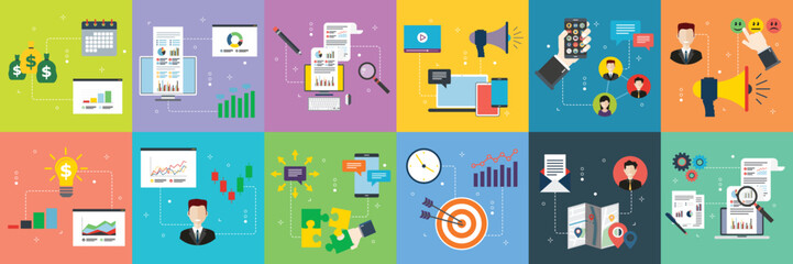 Poster - Illustrations collection of marketing, finance, communication, business,  investment and strategy. Flat design icons in vector illustration. 
