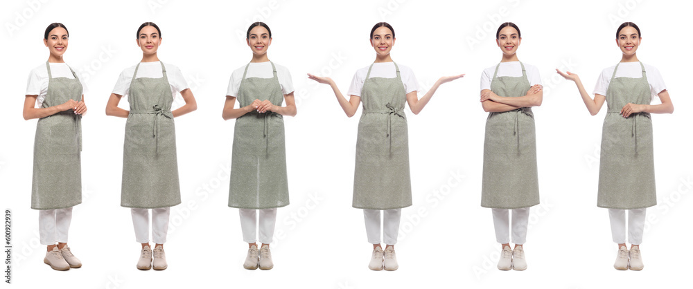 Collage with photos of woman in apron on white background Stock Photo ...