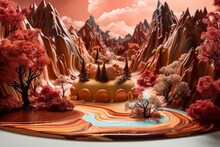 Captivating Dessert Landscape: Chocolate Mountains, Caramel River & Sugar Trees Against Dreamy Background, Enhanced By High-Res Drone In National Parks, Generative AI