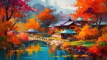 Illustration Of Beautiful Ancient Asian Village In Autumn Or Spring With Colorful Tree And Flower, Generative Ai