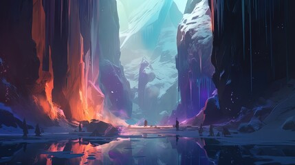 Wall Mural - illustration of  winter frozen ice cliff mountain passage, idea for fantasy background, Generative Ai