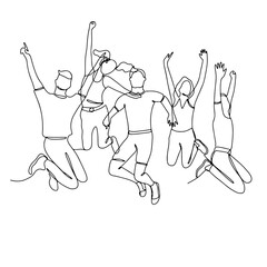Wall Mural - Single line drawing of jumping people, men and women. Linear hand drawn doodle on white background