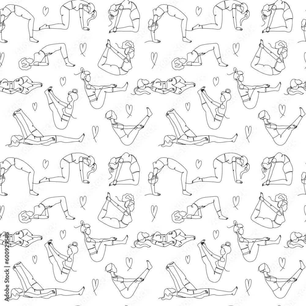Seamless pattern with single line drawings of yoga poses. Linear hand ...