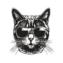 British Cat With Sunglasses, Vintage Logo Line Art Concept Black And White Color, Hand Drawn Illustration