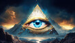 Pyramid with an open Third Eye in a magical landscape. Psychic visions, lucid dreaming, meditation, awakening.