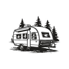Camp Trailer, Vintage Logo Line Art Concept Black And White Color, Hand Drawn Illustration