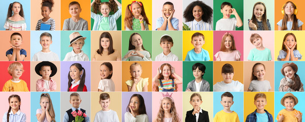 Wall Mural - Collage of different adorable children on color background