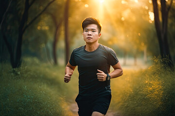 Wall Mural - Asian man running in the park or outdoors at the dusk, summer season. Generative AI