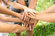 © Надежда Урюпина - children holding hands standing on the green grass, the concept of friendship and a group of young people working in a team