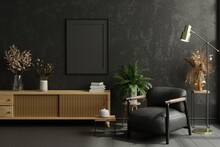 Picture Frame Mockup In Dark Tones With Leather Black Armchair And Decoration Minimal.3d Rendering