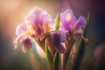 Wall Mural - Closeup beautiful Iris flower with rose gold and pink color, with blur background. Generative AI
