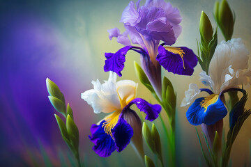 Wall Mural - Closeup beautiful Iris flower with violet color, with blur background.	Generative AI