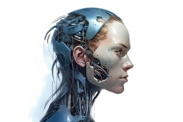 Poster - womans head with a robotic face, blending human and machine elements Generative AI