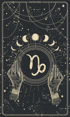 Wall Mural - capricorn zodiac sign, earth element, vintage astrology card for stories, horoscope. vector hand dra