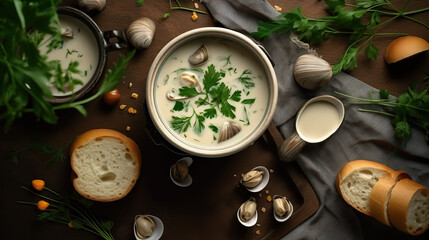 Wall Mural - Clam chowder in a bowl, rich and creamy soup, bursting with the flavours and textures of shellfish, bacon and potatoes, top view, flat lay, ai illustration 