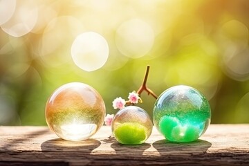 Canvas Print - Three Transparent Glass Balls Resting on a Wooden Table Generative AI