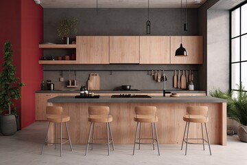 Poster - contemporary kitchen with a spacious island and trendy bar stools Generative AI