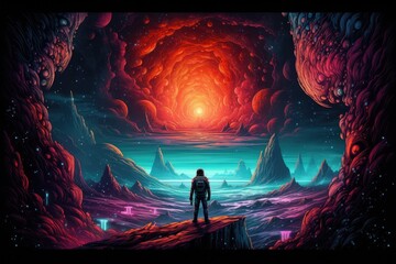 Wall Mural - lonely astronaut, the universe and colorful planets in the background. generative ai.
