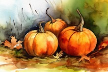 Two Pumpkins On The Ground In An Autumn Setting Generative AI